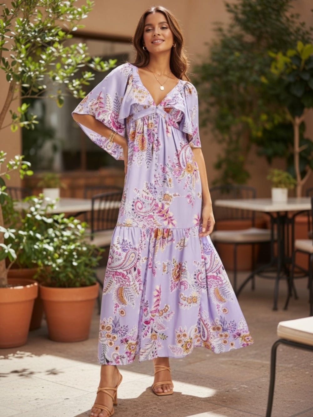 ASOS Design Flutter Sleeve Maxi Dress in Lavendar Paisley US Size 2